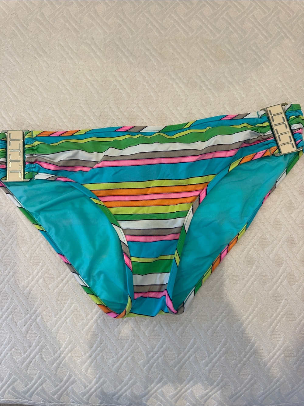 Striped Turquoise Bikini Bottoms with Gold Buckles